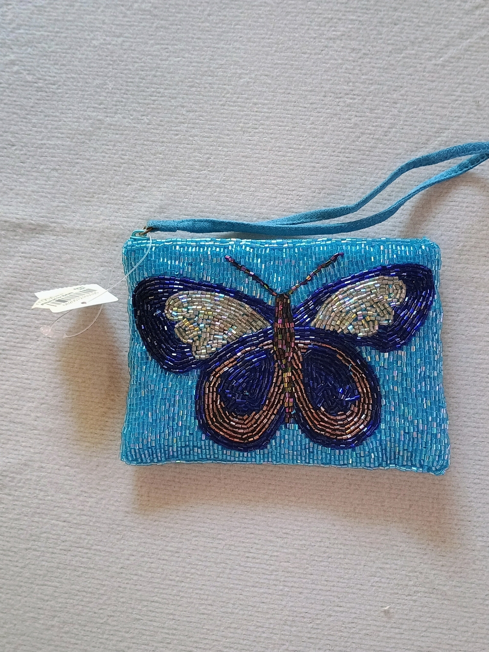 Liz Claiborne Turquoise Beaded Butterfly Wristlet with Navy Accents